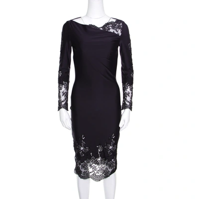 Pre-owned Ermanno Scervino Navy Blue Draped Neckline Lace Detail Fitted Midi Dress Xs