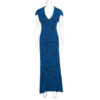 Pre-owned Zac Posen Royal Blue Floral Jacquard Cap Sleeve Mermaid Gown Xl