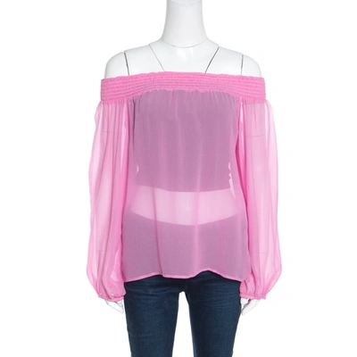 Pre-owned Versace Collection Pink Sheer Silk Smocked Off Shoulder Long Sleeve Blouse L