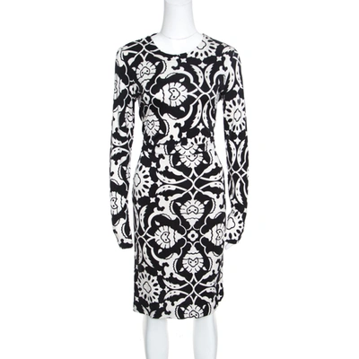 Pre-owned Tory Burch Monochrome Floral Printed Silk Knit Sheath Dress M In Black