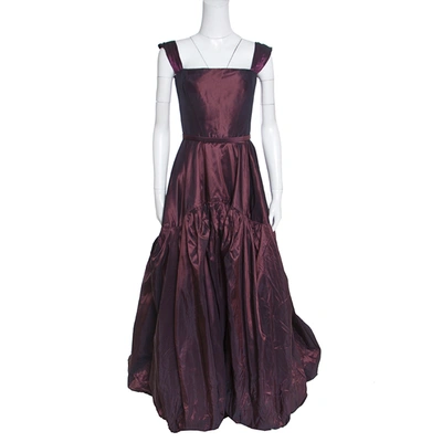 Pre-owned Oscar De La Renta Burgundy Silk Tiered Belted Sleeveless Gown S