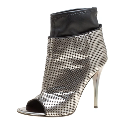 Pre-owned Giuseppe Zanotti Metallic Silver Perforated Leather Peep Toe Booties Size 39