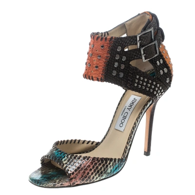 Pre-owned Jimmy Choo Multicolor Studded Snakeskin Ankle Strap Sandals Size 39.5