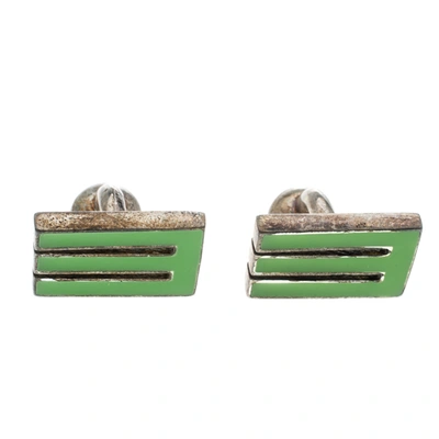 Pre-owned Etro E Green Enamel Silver Tone Cufflinks