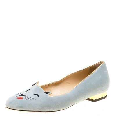 Pre-owned Charlotte Olympia Grey Velvet Emoticats Cheeky Kitty Flats Size 38
