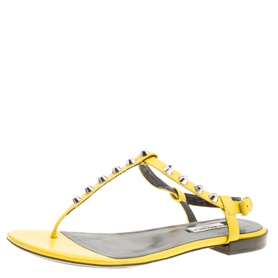 Pre-owned Balenciaga Yellow Leather Arena Studded Thong Sandals Size 38