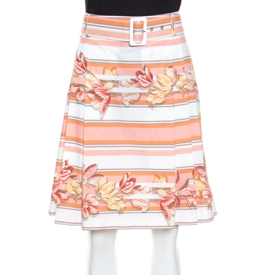 Pre-owned Ferragamo Multicolor Printed Cotton Belted Pleated Skirt M