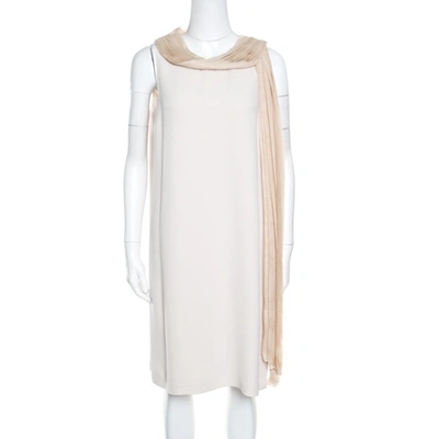 Pre-owned Fendi Beige Silk Pleated Faux Scarf Neck Detail Sleeveless Dress S