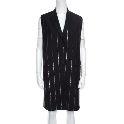 Pre-owned Brunello Cucinelli Grey Wool Sequin Striped Sleeveless Blazer Dress M