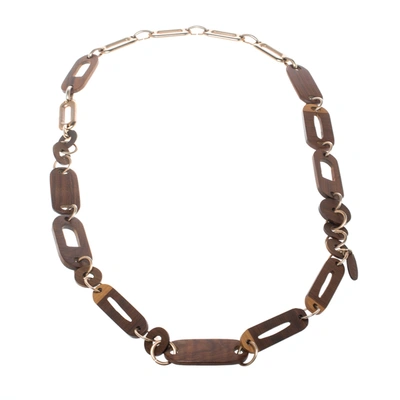 Pre-owned Marni Wood & Gold Tone Long Chain Link Necklace In Brown