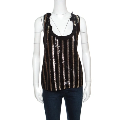 Pre-owned Emanuel Ungaro Black And Gold Striped Sequin Embellished Silk Sleeveless Top L