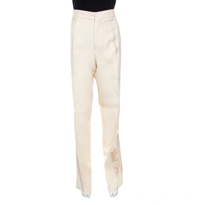 Pre-owned Rochas Cream Floral Embroidered Mesh Detail Tailored Trousers Xl