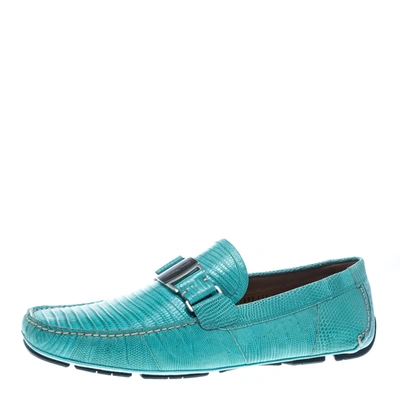 Pre-owned Ferragamo Aqua Green Lizard Sardegna Loafers Size 43 In Blue