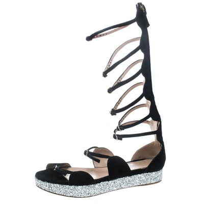 Pre-owned Giambattista Valli Black Suede Glitter Platform Flat Gladiator Sandals Size 38.5