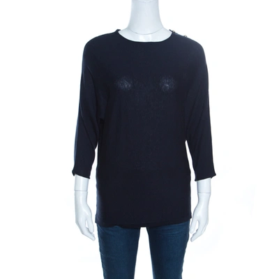 Pre-owned Ch Carolina Herrera Navy Blue Knit Gold Button Detail Dolman Sleeve Top Xs