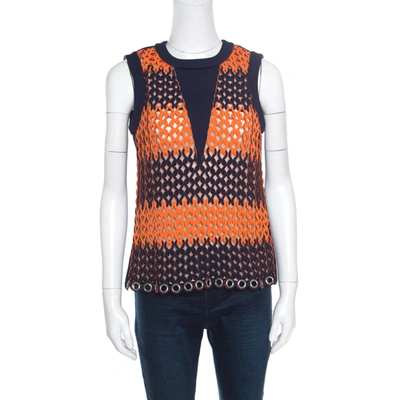 Pre-owned Balenciaga Blue And Neon Orange Open Loop Weave Detail Sleeveless Top S In Multicolor