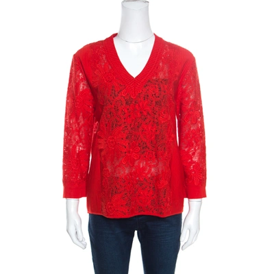 Pre-owned Ermanno Scervino Red Lace Paneled V Neck Jumper M