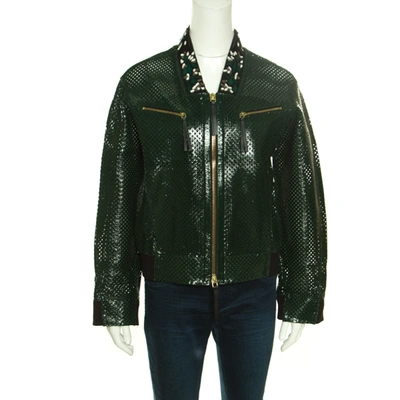 Pre-owned Marni Emerald Green Perforated Leather Floral Embellished Detail Bomber Jacket S