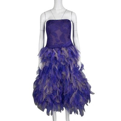 Pre-owned Tadashi Shoji Purple And Begie Tulle Embroidered Faux Feather Strapless Dress S
