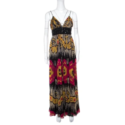 Pre-owned Marchesa Notte Multicolor Ikkat Printed Silk Embellished Sleeveless Maxi Gown S
