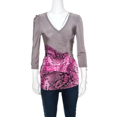 Pre-owned Just Cavalli Grey And Pink Animal Printed Ruched Long Sleeve Top S