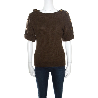 Pre-owned Gucci Brown Camel Wool Button Detail Short Sleeve Sweater Xs