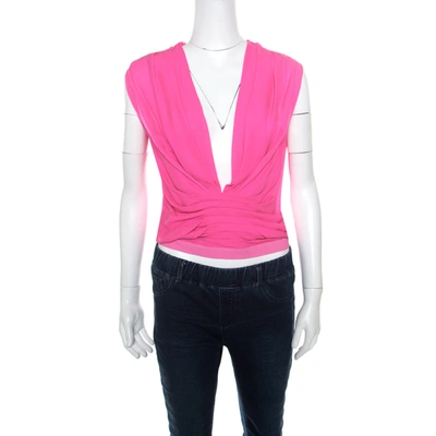 Pre-owned Diane Von Furstenberg Candy Pink Peated Plunge Neck Akahana Top Xs