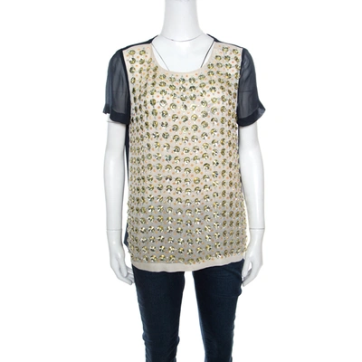 Pre-owned Diane Von Furstenberg Ecru And Navy Silk Rounded Crystal Embellished Gidget Top M In Multicolor