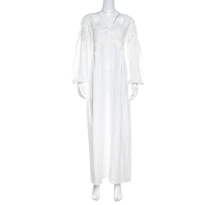 Pre-owned Ermanno Scervino White Floral Embroidered Lace Overlay Long Sleeve Ramie Dress M