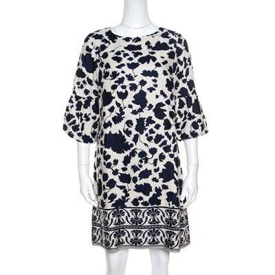 Pre-owned Ch Carolina Herrera Blue And Cream Floral Printed Linen Flounce Sleeve Tunic Dress M