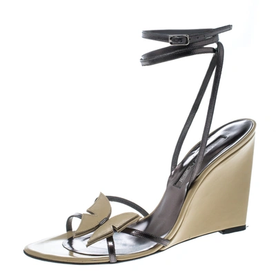 Pre-owned Sergio Rossi Beige/metallic Grey Leather Strappy Wedge Sandals Size 38