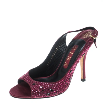 Pre-owned Gina Red Satin Crystal Embellished Peep Toe Slingback Sandals Size 38