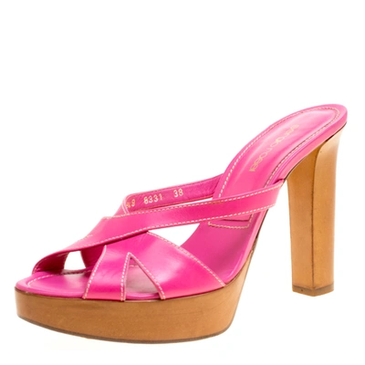 Pre-owned Sergio Rossi Pink Leather Peep Toe Platform Slides Size 38