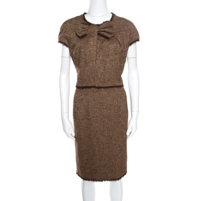 Pre-owned Ch Carolina Herrera Brown Bow Detail Fringed Edge Cap Sleeve Dress Xl