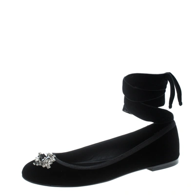 Pre-owned Giuseppe Zanotti Black Velvet Embellished Ballet Flats Size 41