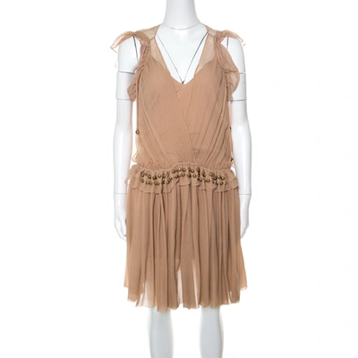 Pre-owned Chloé Pinky Beige Silk Crepon Pleated Embellished Dress S