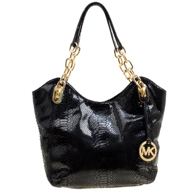 Pre-owned Michael Michael Kors Python Embossed Leather Medium Lilly Chain Tote In Black
