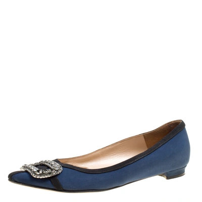 Pre-owned Manolo Blahnik Navy Blue Satin Gotrian Crystal Embellished Pointed Toe Flats Size 36.5