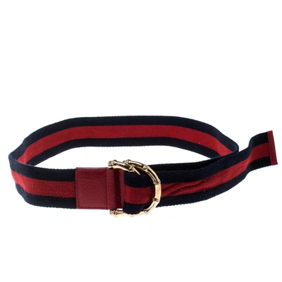 Pre-owned Gucci Navy Blue/red Fabric Bamboo Web Belt 90 Cm
