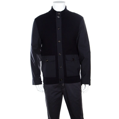 Pre-owned Ermenegildo Zegna High Performance Navy Blue Wool Leather Trim Detail Zip Front Cardigan S