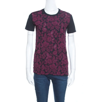 Pre-owned Prada Black And Wine Floral Lace Applique Detail Cotton Crew Neck T Shirt Xs