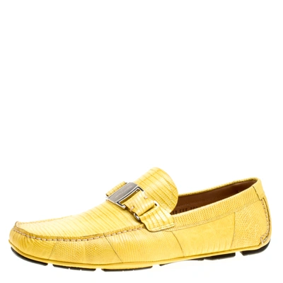 Pre-owned Ferragamo Yellow Lizard Sardegna Loafers Size 44.5