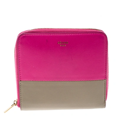 Pre-owned Celine Pink/beige Leather Zip Around Compact Wallet