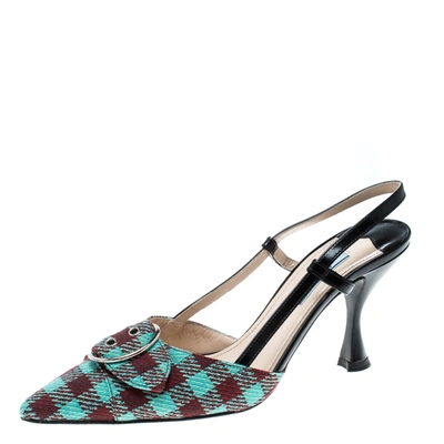Pre-owned Prada Multicolor Check Pattern Fabric And Leather Slingback Sandals Size 37.5