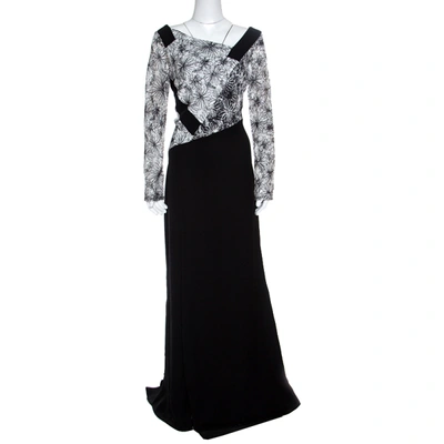 Pre-owned Tadashi Shoji Monochrome Floral Embroidered Marissa Gown L In Black