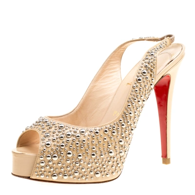 Pre-owned Christian Louboutin Beige Studded Patent Leather Star Prive Peep Toe Slingback Sandals Size 39
