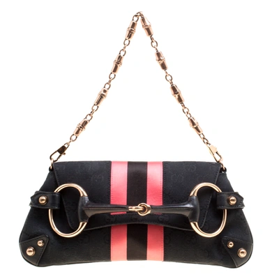 Pre-owned Gucci Black/pink Gg Canvas And Satin Small Limited Edition Tom Ford Horsebit Web Chain Clutch