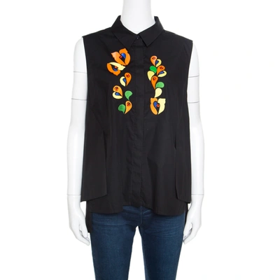 Pre-owned Peter Pilotto Black Embroidered Embellished Cotton Sleeveless Blouse L