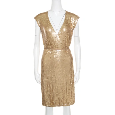 Pre-owned Michael Michael Kors Gold Sequined Wrap Dress S