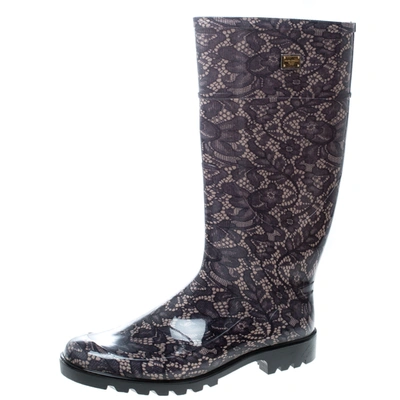 Pre-owned Dolce & Gabbana Lace Print Rubber Boots Size 41 In Blue